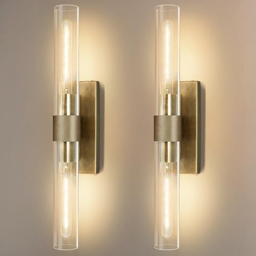 Image of Wall Sconces Set of Two, Gold Bathroom Sconces Wall Lighting with Clear Glass, Modern Sconces Wall Decor Light Fixtures for Bathroom Mirror Living Room Hallway Bedroom
