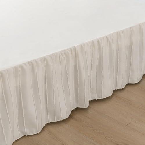 Bed Skirt King Size, Ruffled Bed Skirt with Split Corners 14 Inch Drop with Platform, Tufted Boho King Size Bed Skirting, Striped, Ivory, 14" King