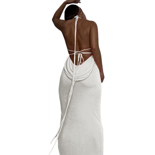JUMISEE Damen-Maxikleid, sexy, rückenfrei, elegant, ärmellos, Spaghettiträger, Abendkleid, langes Club, Party, Strandkleid, Weiss/opulenter Garten,...