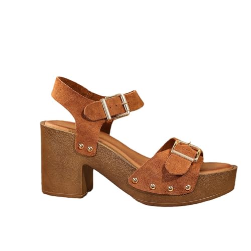 Womens Suede Platform Chunky Heel Retro Sandals with Adjustable Buckle Fashion One Word Belt Platform Block Heels Open Toe Wedding Party Dress Studded Sandals