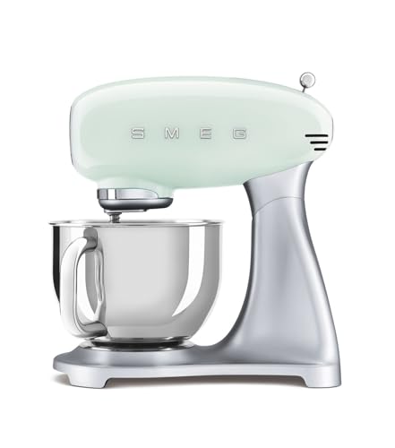 Smeg, Robot Pâtissier SMF02PGEU, 10 Niveaux de Vitesse, Fonction Mise en Marche Progressive, Bol 4,8 L, Verrouillage Moteur de Sécurité, Batteur Plat, Crochet et Couvercle Fournis, 800W, Vert d'Eau