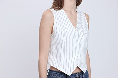 Sigrteyh Pinstripe Y2K Vests For Women Cropped Button Front Causal Sleeveless Waistcoat Suit Vest Top (Medium,White) #TOP5