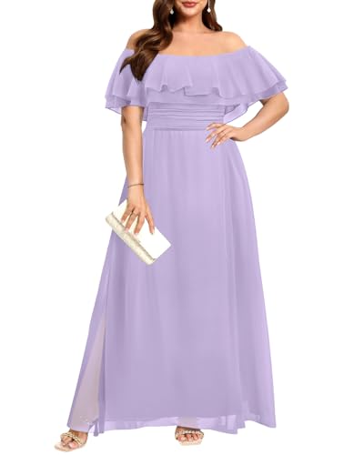 Image of Pinup Fashion Plus Size Formal Bridesmaid Wedding Guest Chiffon Long Dress | Chiffon, off-the-shoulder neckline, layered ruffles, ruched elastic waist, floor-length, evening party, wedding guest