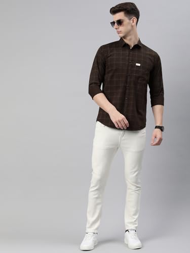 Image of Majestic Man Men Comfort Slim Fit Opaque Checked Pure Cotton Casual Shirt