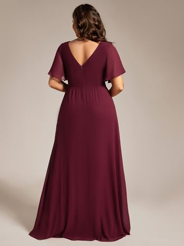 Ever-Pretty Plus Women's V Neck Chiffon Ruched Ruffles Sleeves Side Slit Floor Length Plus Size Bridesmaid Dresses S0050-DA2