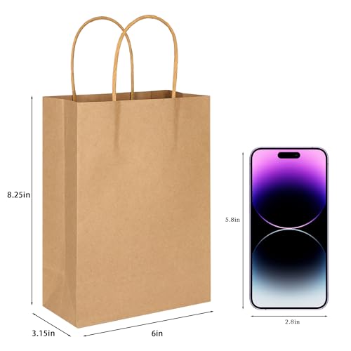 Image of BLEWINDZ 32Pcs 6x3.15x8.25 Inch Gift Bags with Tissues - Small Kraft Brown Paper Goodie Bags Bulk for Birthday Party Favors Grocery Shopping Retail Business