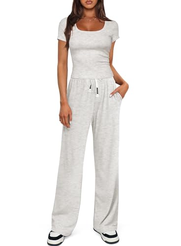 Darong Women's Two Piece Outfit Short Sleeve Scoop Neck T Shirts with Wide Leg Pants Active Tracksuit Lounge Set4