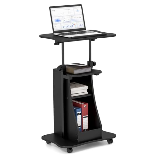 Giantex Mobile Podium Stand, Height Adjustable Laptop Cart with Tilting Tabletop & Storage Compartments, Rolling Lectern with Lockable Casters for Classroom, Church, Home Office, Black