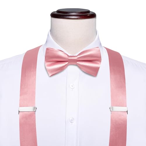 Image of Hi-Tie Men Suspender Bowtie Set Suspenders Pre-tied Bow Tie Pocket Square Cufflinks Adjustable Y Shape 6 Clips Braces Tuxedo