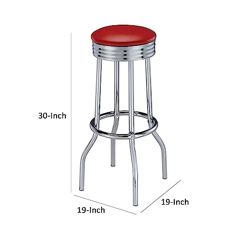 Butaco Benjara de 30 pulgadas, juego de 2 butacos retro con asiento de cuero sintético rojo y patas cromadas miniatura 3