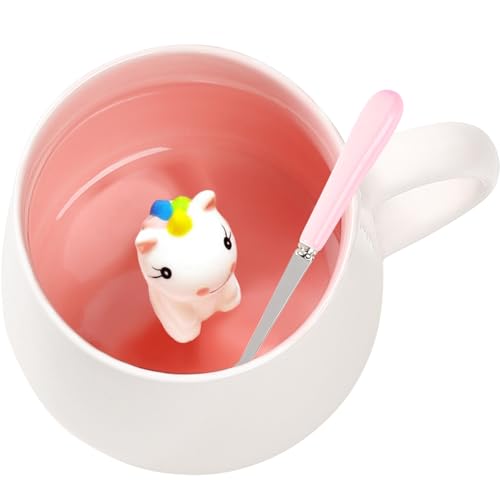 BigNoseDeer Geschenke Für Frauen Süß 3D Einhorn Tasse Kawaii Lustige Tassen Deckel Personalisiert Geschenke für Mädchen Kaffeebecher Geschenk Freundin Teetasse Kinder Geburtstagsgeschenk Weihnachten