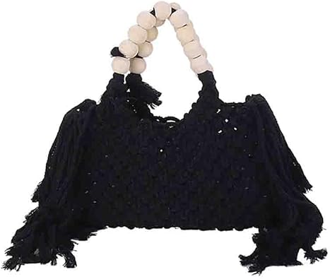 Hand-woven Cotton Rope Tassels Beach Handbag, Wooden Bead Hollow Out Knitting Purse, Womens Straw Crochet Bohemian Tote Bag