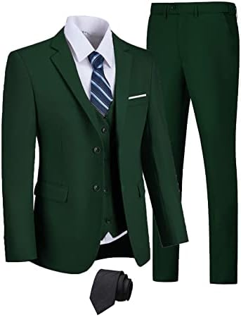 Mens Slim Fit Suits 3 Pieces Solid 2 Button Business Suit Prom Wedding Tuxedos Suits Jacket Blazer Vest Pants Dark Green-M