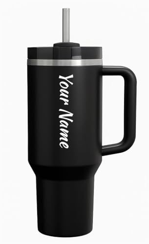 Image of SKDBPM Personalized Stainless Steel Tumbler with Handle, 1200ml Capacity, Black Insulated Travel Mug with Straw, Custom Name Design