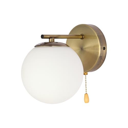 TEKLEDmyHome Opal Globe Glass Vintage Retro Stylish Wall Light with Pull Down Switch | E27 Fitting | for Bedrooms Living Rooms Hallways Cafes Bars Restaurants | Antique Brass (Bulb not Included)