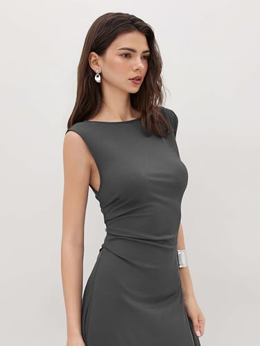 CIDER Womens Summer Dresses Sleeveless Semi Formal Midi Dress Boat Neck Ruched A Line Split Elegant Dress3