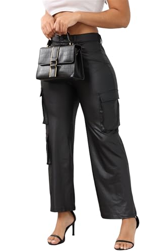 CALEBGAR Women's Faux Leather Pants Stretchy High Waisted Straight Wide Leg Baggy Cargo Pants Trousers with Pockets