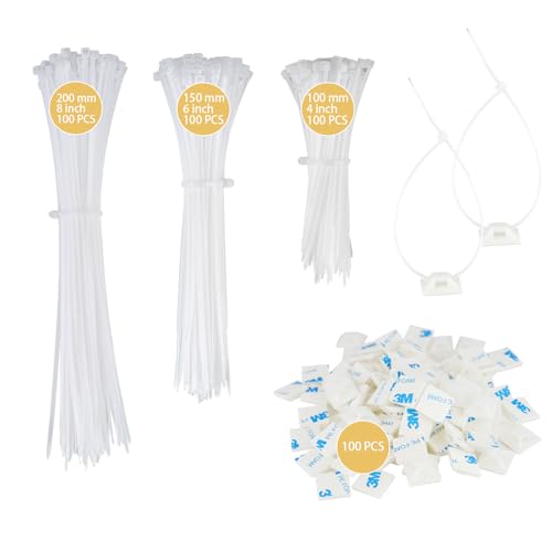 Behiruch 300 pcs Bridas Plastico, Bridas Reutilizables Blancas 100/150/200mm, Abrazaderas Plastico de 100 pcs Base Cinta Doble Cara 3m, para Oficina, Escuela, Hogar