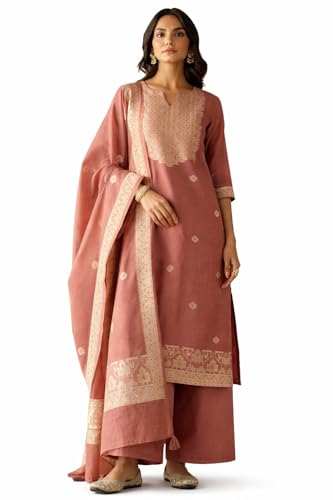 Image of FIORRA Women Cotton Jacquard Woven Kurta Set with Dupatta