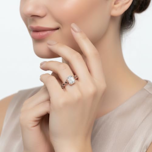Image of Choose Your Gemstone Bezel Set Emerald Accented Diamond CZ Ring Rose Gold Plated Emerald Shape Side Stone Engagement Rings for Women, Girls and Ladies US Size 4 to 12