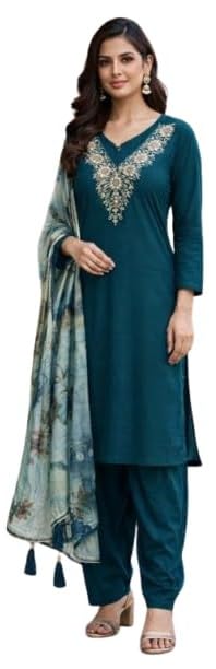 Image of Women's Chanderi Silk Kurti with Rayon Slub Pants & Dupatta | Printed Three-Quarter Sleeve Ethnic Setv Turquose