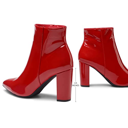 DREAM PAIRS DREAM PAIRS Women's Chunky Heel Ankle Booties Pointed Toe Short Boots,Size 5,Red/Pat,SIANNA-1