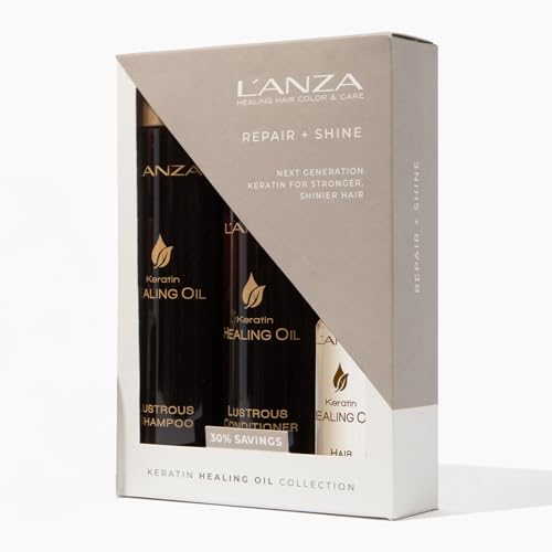L'ANZA Keratin Healing Oil Trio Hair Kit, Lustrous Keratin Shampoo, Conditioner & Keratin Hair Treatment in a Gift Box, Luxury Hair Care Kit for Dry, Damaged Hair (10/8.5/3.4 Fl Oz)
