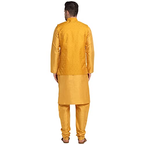 Image of KRAFT INDIA Mens Gold Silk Blend Kurta and Churidar Set With Jacquard Paisley Nehru Jacket