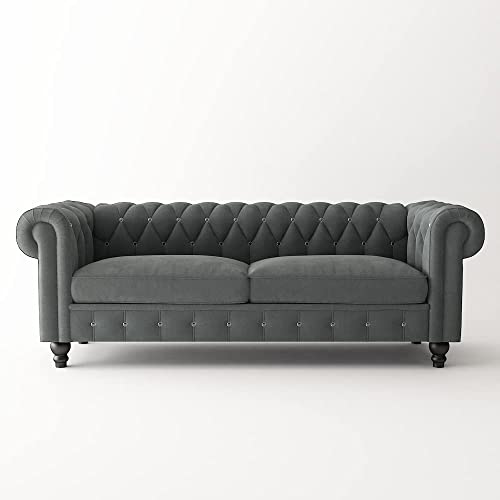 Image of Dime Store Wooden Chesterfield Sofa 3 Seater with Button Tufted Design Solid Wood Frame Upholstered Couch with Rolled Arms | Luxury Living Room Sofa for Home, Office, Lounge & Reception (Grey)