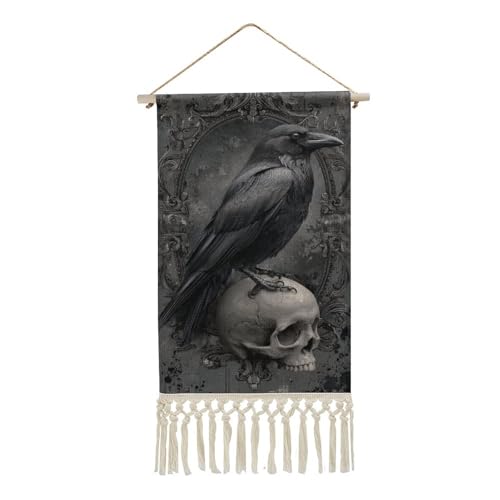 Jubonexis Arazzo da parete in lino, con corvo gotico scuro su un teschio umano, poster vintage da parete con nappa e asta in legno