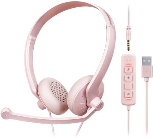 USB Headset with Microphone for PC – Wired Computer Headphones with Noise Cancelling Microphone for Home Office Online Class Skype Zoom Meetings