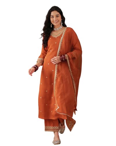 Image of Amazon Brand - Tavasya Women Silk Blend Zari Sequence Embroidered Kurta with Pant and Dupatta |Ethnic Wear