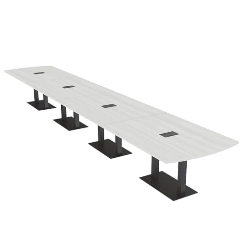 20 Person Boardroom Table | Modular Arc Rectangle Table with Data and Power | Harmony Series | Matte Black Bases | Meeting Tables for Offices, Conference Rooms, and Homes | White Cypress - 20 Ft