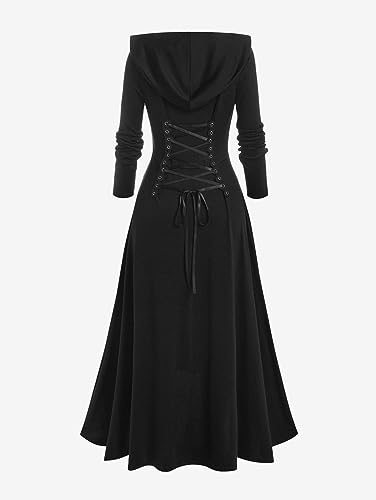 ROSE GAL Rosegal Women Plus Size Hooded Lace-up Front Zipper High Low Maxi Coat Gothic Longline Coat Overcoat Outwear3