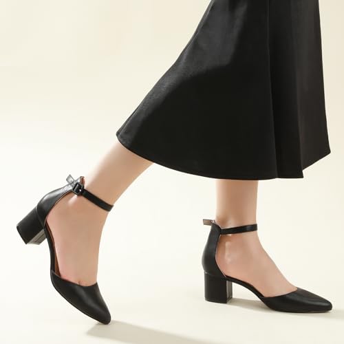 Image of Ankis Closed Toe Heels for Women, 2.25 Inch Low Block Chunky Dress Pumps | Black Nude White Gold Silver Pointed Toe Design, Soft Insole, Adjustable Ankle Strap, Classic Versatile, For Formal Daily