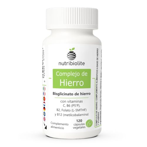 Hierro bisglicinato y vitamina C, B2, B6 , B12 y Folato, 120 cápsulas | Con folato activo 5-MTHF, vitamina B6 P5P, B12 metilcobalamina y B2, hierro quelado, vegano, sin aditivos sintéticos, 4 meses