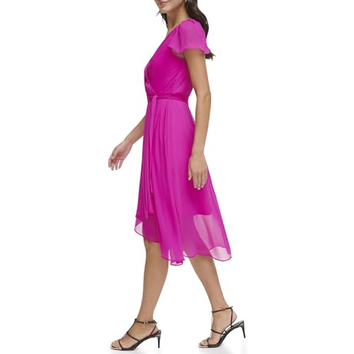 Image of DKNY Women's Flutter Sleeve Surplice Tie Fit & Flare Midi Dress