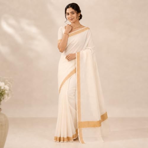 Image of Women's Kerala Off white cotton saree with running blouse| Onam Saree | Vishu Saree | Traditional White Saree