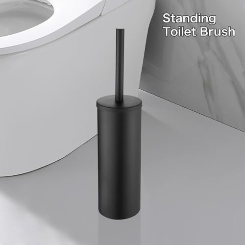 Image of Freestanding Toilet Bowl Brush Holder Black Round Metal Toilet Brush | AIREMOEN Removable Inner Bucket, Metal Splash Guard Cover, Dense Bristles with Brush Handle
