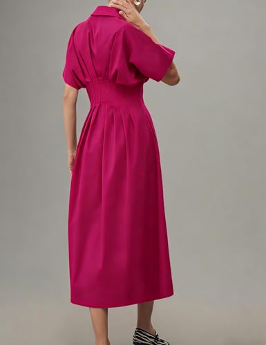 Image of Yeokou Shirt Dress for Women Summer Casual Short Sleeve Button Down Loose Pleated Maxi Sundress with Pockets