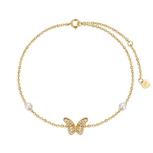 14K Solid Gold Butterfly Anklet For Women, Real Pearl Fine Jewelry Ankle Bracelet Gifts For Her #TOP27