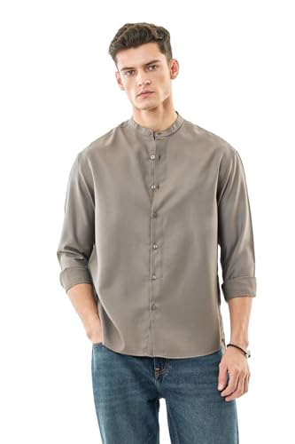 Image of SNITCH Men Casual Shirt | Oversized Fit Full Sleeve Mandarin Collar Solid Design | Modal Blend & Breathable Fabric for Everyday Wear & Semi-Formal Occasions