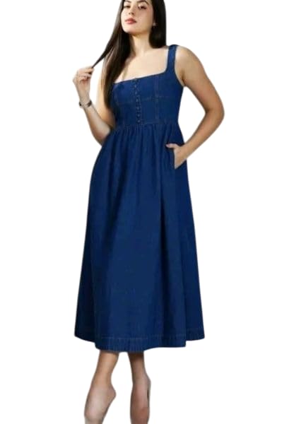 Image of Women Denim Fit and Flare Knee Length Dress Off Shoulder Neck Sleeveless Solid Dreesh 2