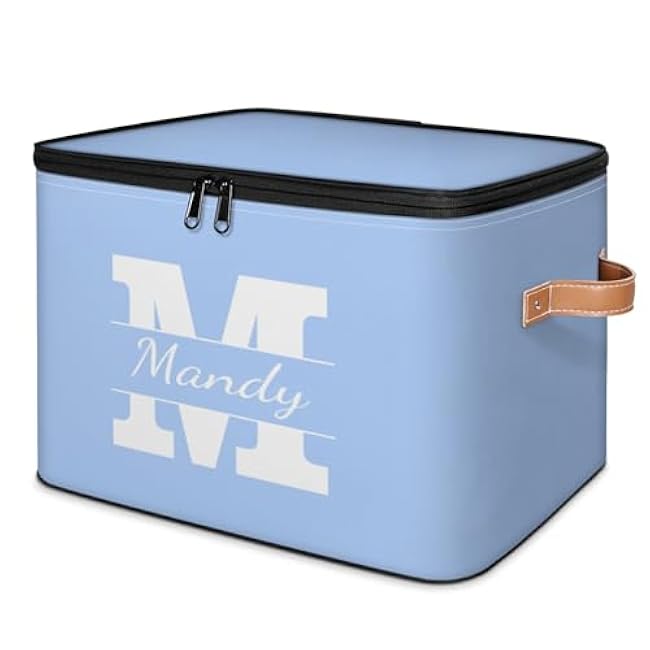 Custom Storage Basket with Name, Personalized Storage Bins with Zipper Lid, Foldable Fabric Storage Box Large capacity with Handle Blue