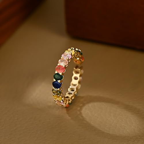 Rainbow Cubic Zirconia Gold Ring for Women, 18K Gold Plated Colorful Eternity Band, Dainty Stackable Open Rings, Birthday Jewelry Gift3