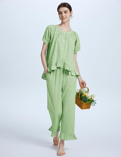 Flygo Womens Plaid 2 Piece Pajamas Sets Gingham Button Down Puff Sleeve Babydoll Shirt Ruffle Pants Y2K Pjs Lounge Set