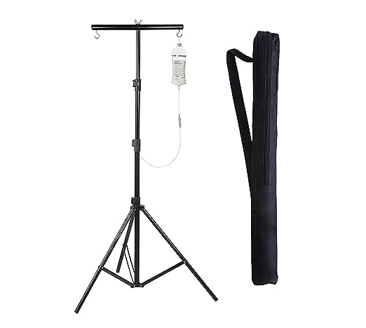 Image of YUAGM Hospital Iron Saline IV drip Glucose Stand 6 Feet For Hospital, Clinic, Home & Multiple Adjustable Hose Stand with Carry Bag & 2 Hook Rod (6ft Stand + 2 Hook Holder)