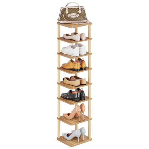 LUCKNOCK Vertical Shoe Rack, 8-Tier Tall Narrow Shoe Organizer for Entryway, Closet, Dorm & Small Spaces, Freestanding Wooden Shoe Shelf Tower for Boots, Sneakers, Heels. (Walnut)