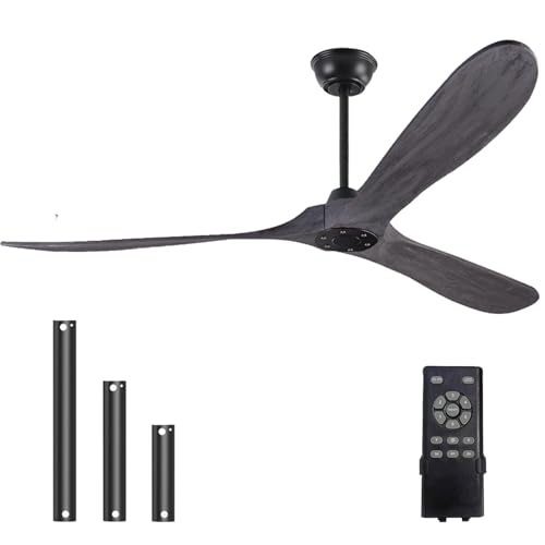 60 Inch Ceiling Fan No Light ,Wood Outdoor Ceiling Fans for Patios Living Room Gazebo Mid Century Modern Big Waterproof Ceiling Fans without Lights with Downrod(Grey)