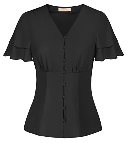 Belle Poque Damen Bluse Retro Elegant Kurzarm mit Rüschen V-Auschnitt...